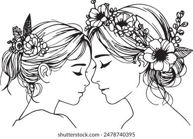 Two girls, each wearing a flower crown, are gazing lovingly at the other. Line illustration, doodle style, family time