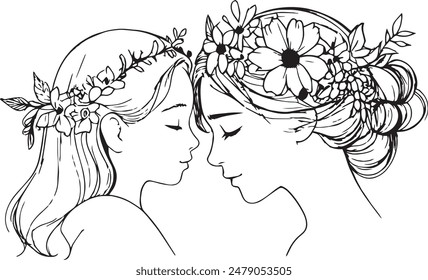 Two girls, each wearing a flower crown, are gazing lovingly at the other.