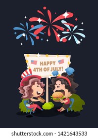 Two girls eating a burger and a hot dog together in the park at the 4th of july day. Cartoon flat vector illustration.