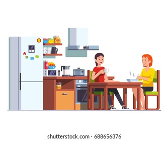 Two girls eating lunch & drinking together. Sisters or friends sitting having dinner at home table. Kitchen interior. Flat style vector illustration isolated on white background.