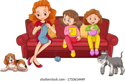 Two girls eating snack and mother knitting on the sofa illustration