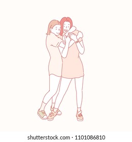 The two girls are embracing friendly. hand drawn style vector doodle design illustrations.