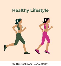 Two girls are engaged in fitness or sports. The girls are running. Healthy lifestyle. Vector illustration on a light background
