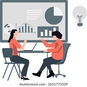Duas meninas estão envolvidas em uma conversa sobre um gráfico gráfico gráfico circular, discutindo seus setores, cores, porcentagens e representação de dados.