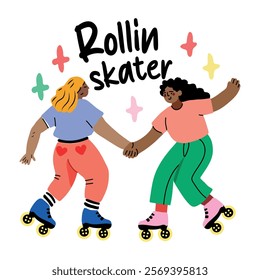 Two girls enjoy skating, sticker in flat style 