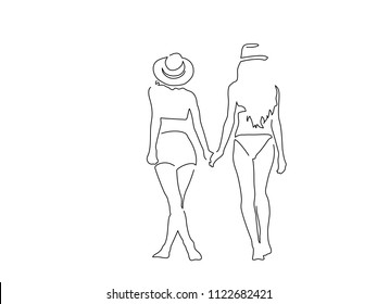 Two girls enjoying the summer line drawing, vector illustration design. Holidays collection.