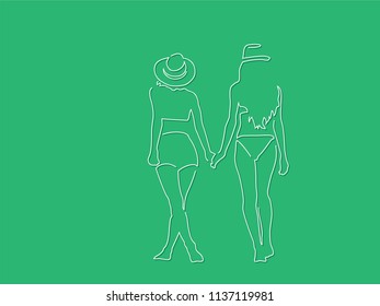 Two girls enjoying the summer line drawing, vector illustration design. Holidays collection.