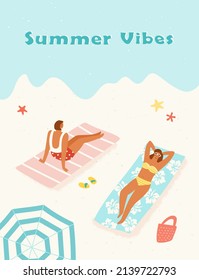 Two girls enjoying their summer vacation on the beach. Vector illustration of women lying on blankets by the sea. Poster or banner design in trendy retro style.
