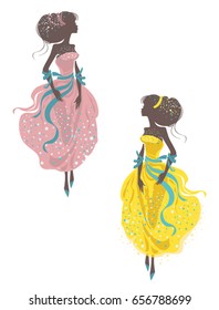 Two girls in evening dresses of different colors. Fashion for graduation balls, bridesmaids, parties and others.