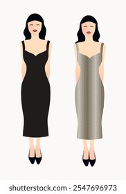 Two girls in evening dresses with sequins. Black long dresses with open neckline and sleeveless. Digital vector 