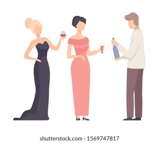 Two Girls At The Event And Waiter Carrying Alcoholic Drinks Vector Illustration Isolated On White Background
