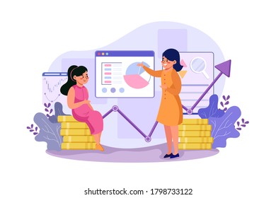 Two girls are exploring the benefits of the stock market. Vector Illustration concept.