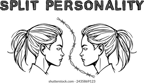 two girls face to face and barbed wire between them and the inscription "split personality"