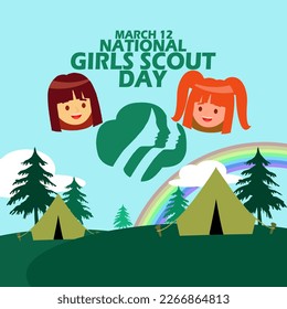 Zwei Mädchen haben Gesichte mit Symbolen, Hügeln, Bäumen, Lagern, Wolken, Regenbogen und kühnem Text zum Gedenken an den Nationalen Girl-Scout-Tag am 12. März