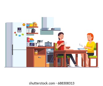 Two Girls Family Eating Lunch & Drinking Together. Sisters Or Friends Sitting Having Dinner At Home Table. Kitchen Interior. Flat Style Vector Illustration Isolated On White Background.