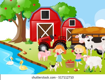 Two girls and farm animals by the river illustration