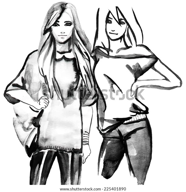 Two Girls Fashion Clothes Vector Stock Vector (Royalty Free) 225401890 ...