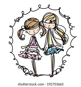 two girls fashion show cartoon look vector file set sister vector illustration