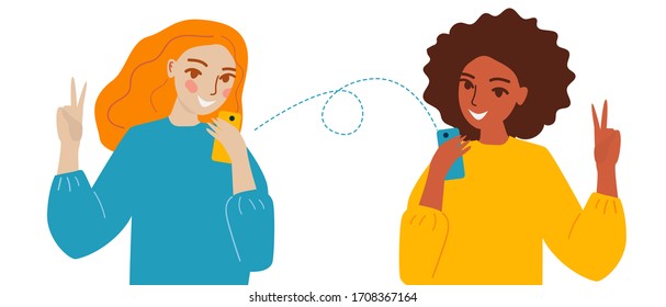 Two girls feel video calling on the phone. Vector illustration in flat style.