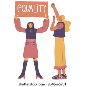 Two girls feminists with Equality placard, raised fist, flat vector illustration. Women Equality Day, feminism, sisterhood.