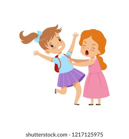 Two girls fighting, bad behavior, conflict between kids, mockery and bullying at school vector Illustration on a white background