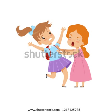 Two girls fighting, bad behavior, conflict between kids, mockery and bullying at school vector Illustration on a white background