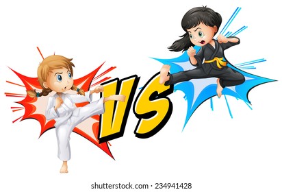 Two girls fighting on a white background 