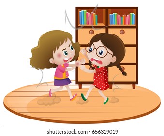 Two girls fighting in room illustration