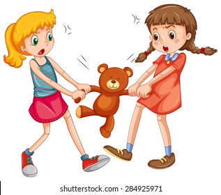 Two girls fighting for a teddy bear