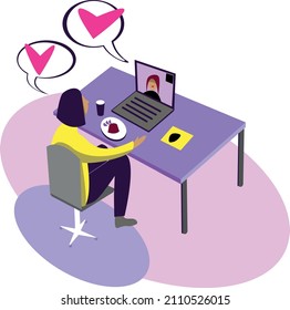 Two girls flirting on an online date using computers on a white and violet background
