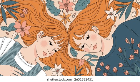Two girls with flowing hair adorned with flowers and leaves in a whimsical pattern