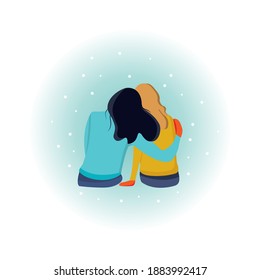 Two girls friends. Cartoon flat style vector design illustrations. Vector cartoon illustration of best friends two women hugging, back view.