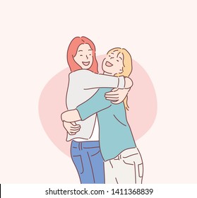 Two girls friends laughing and hugging. Hand drawn style vector design illustrations.
