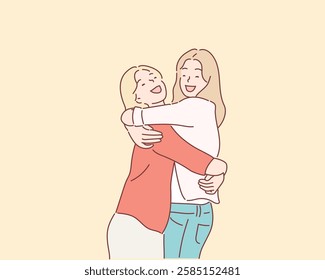 Two girls friends laughing and hugging. Hand drawn style vector design illustrations.	