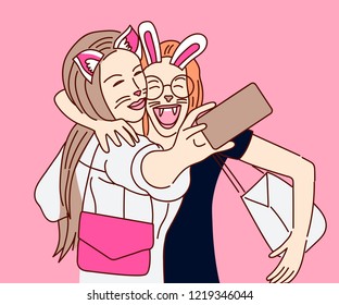 Two girls friends make selfie photo with smartphone camera. Vector illustration.