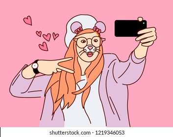 Two girls friends make selfie photo with smartphone camera. Vector illustration.