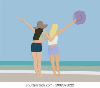 two girls friends on the beach vector illustration