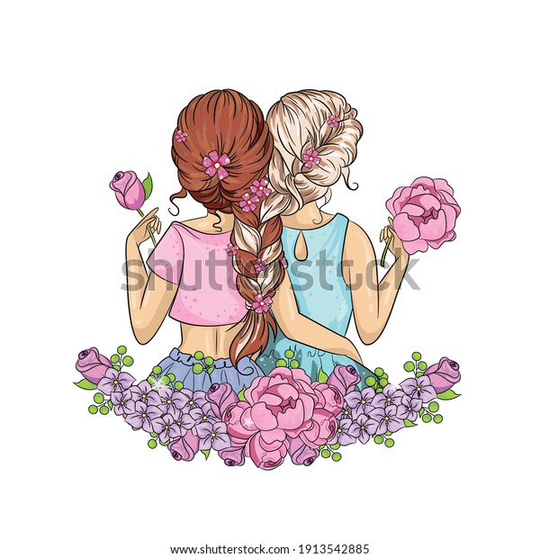 Two girls, friends, sisters, hugging with their\
hair woven in flowers