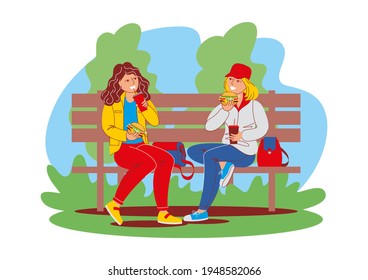 Two girls friends are sitting on a park bench, chatting and eating burgers. Street food, takeaway meal, outdoor recreation. Vector illustration, cartoon characters