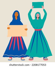 Two girls in full growth in hijabs with a poster in their hands. Rally and protest in Iran, women's freedom. Vector isolated illustration in flat style