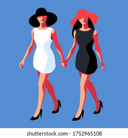 Two girls in full  height,  wearing summer dresses and big hats, walking hand in hand. Vector illustration