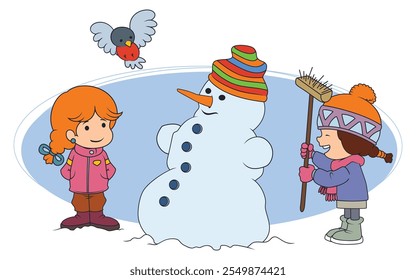 Two girls and funny snowman in winter. Funny people. Illustration concept template for website, web landing page, banner, presentation, social, poster, promotion or print media.