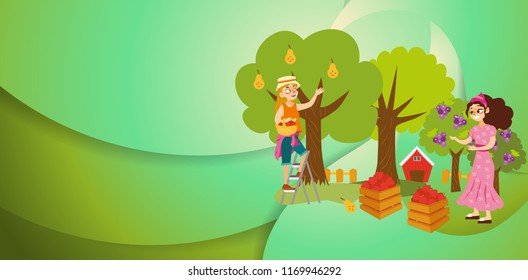 Two girls gathering fruits in orchard flat poster