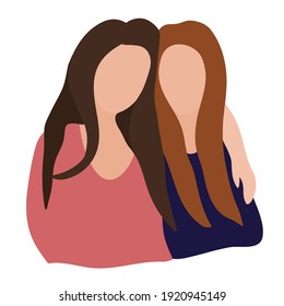 Two girls girlfriend or sisters hug each other. Flat style. The isolated object on a white background. Vector illustration with a lesbian couple. Free relationship.
