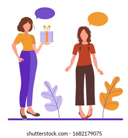 Two girls. Girlfriends. Feminism. A woman holds a large wrapped gift box decorated with a yellow ribbon. Holiday or birthday celebration. Flat style vector illustration isolated on white background.