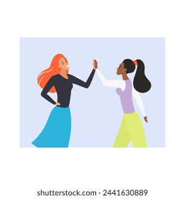 Two girls give high five gesture, female friendship and sisterhood vector illustration