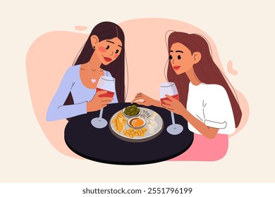 Two girls with two glasses of red wine and cheese plate. Isolated flat vector illustration.