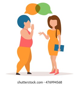 Two girls gossiping. Conversation couple women. Cartoon character. Vector isolated illustration. 