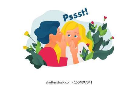 Two girls gossiping private news in the garden vector illustration. One excited girl whispers secret to her friend. Psst sound.