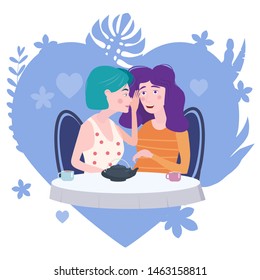 Two girls gossiping surprised, one says rumors to other female character. One excited girl whispers secret to girlfriend. Vector illustration isolated